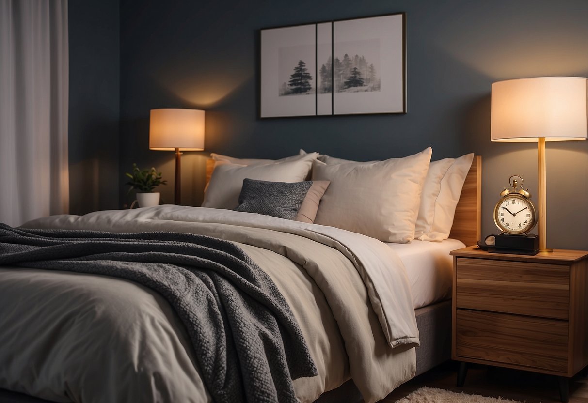 A bed, nightstand, dresser, and wardrobe fill the cozy bedroom. The bed is made with a soft comforter and fluffy pillows. The nightstand holds a lamp and an alarm clock. The dresser has a mirror and neatly folded clothes. The