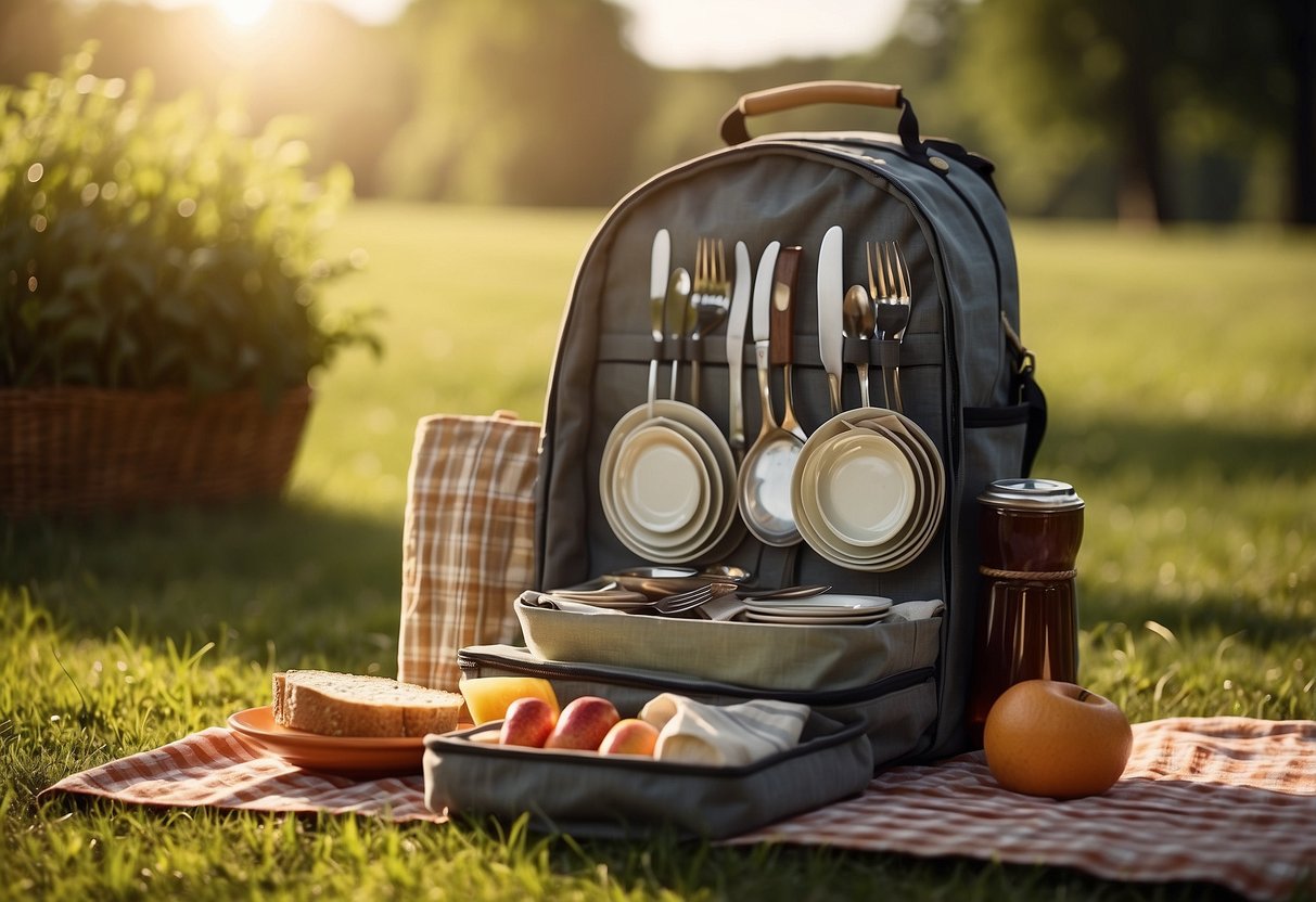 A picnic backpack sits on a grassy field, filled with plates, utensils, and food. The sun shines in the background, casting a warm glow on the scene