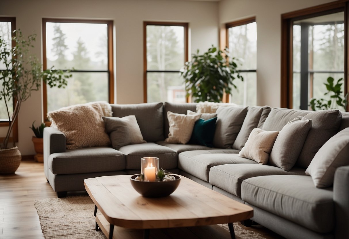 A cozy living room with plush sofas, wooden tables, and a large TV stand. The room is filled with natural light from the large windows, creating a warm and inviting atmosphere