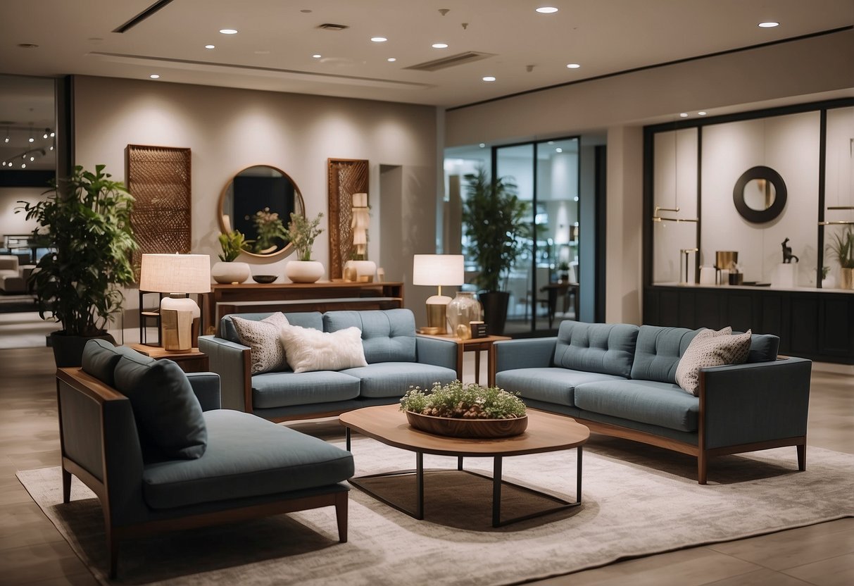 A spacious showroom with modern furniture displays. Bright lighting and comfortable seating areas make for an inviting shopping experience