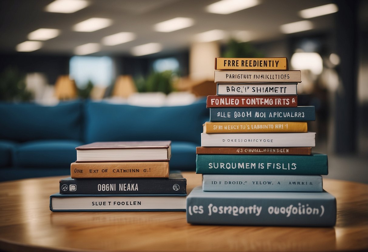 A stack of furniture with a sign reading "Frequently Asked Questions" on a clean, modern background