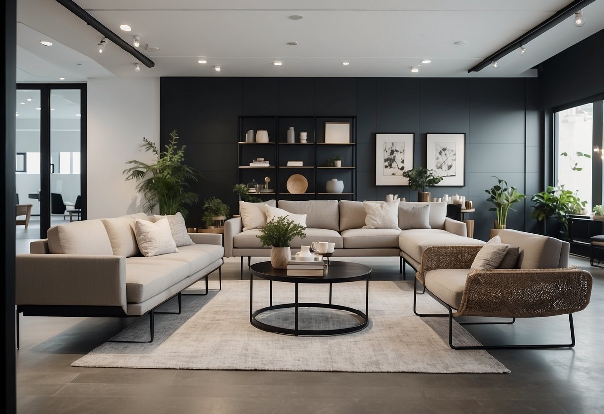 A spacious, modern showroom filled with sleek, minimalist furniture designs. Clean lines, neutral colors, and natural materials create a serene and sophisticated atmosphere