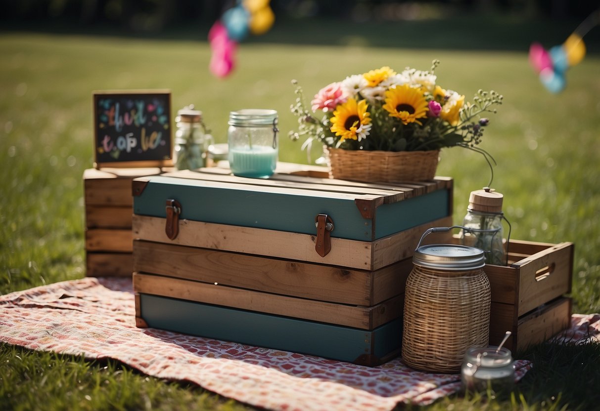 A colorful picnic blanket spread out on green grass, adorned with homemade bunting, mason jar lanterns, and flower centerpieces. A wooden crate holds vintage-style picnic utensils and a chalkboard sign welcomes guests