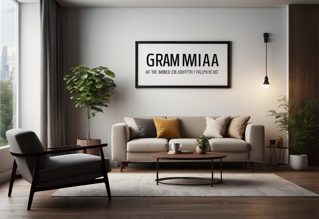 A modern living room with sleek, minimalist furniture. A large "Frequently Asked Questions" sign hangs above a display of various gamma furniture pieces