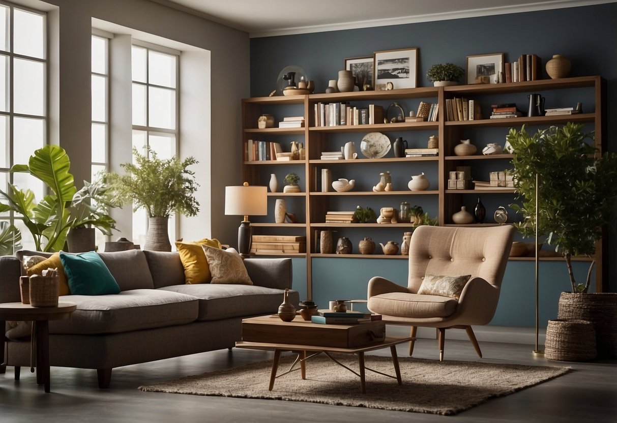 A shelf with various items like books, vases, and frames. A side table with a lamp and a decorative bowl. A wall-mounted rack holding keys and hats