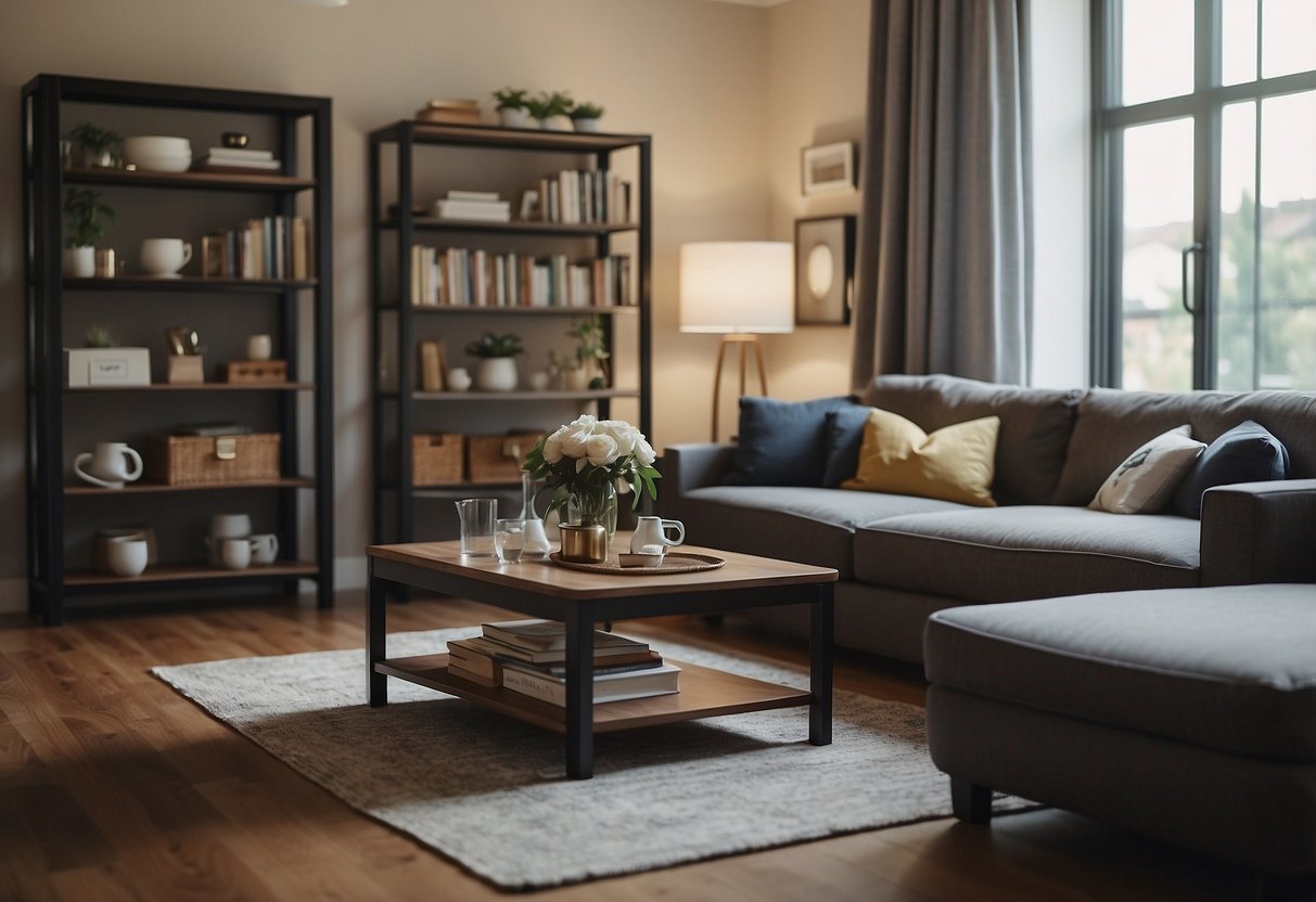 A living room with a sofa, coffee table, and bookshelves. A dining room with a table and chairs. A bedroom with a bed, dresser, and nightstand