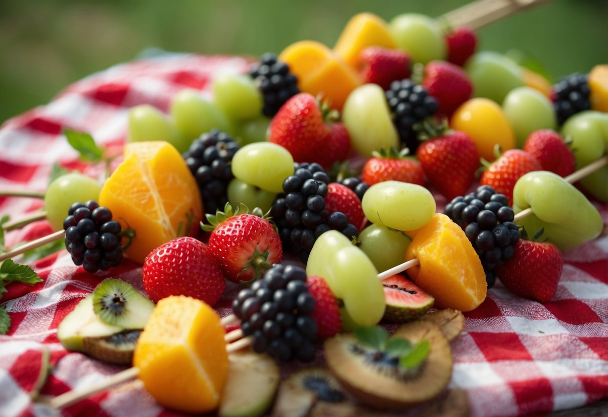 A colorful assortment of fruit kabobs arranged in a decorative pattern, set on a picnic table with a checkered tablecloth and surrounded by other fun DIY picnic decorations