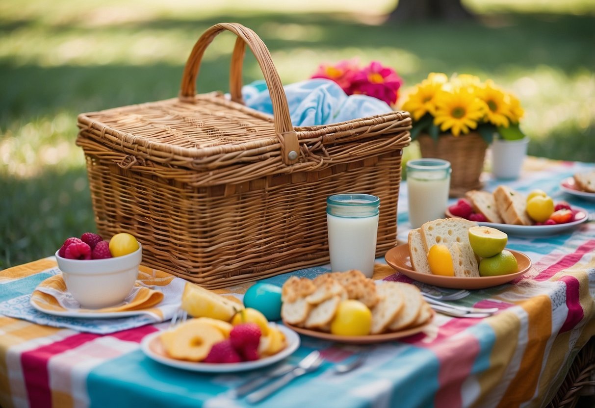 A colorful array of customized picnic baskets surrounded by 10 fun DIY picnic decorations, including vibrant tablecloths, hand-painted signs, and whimsical centerpieces