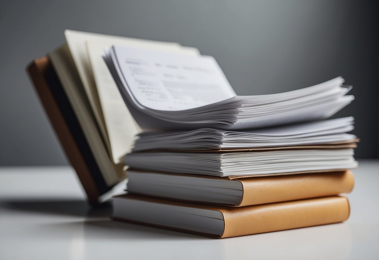A stack of FAQ papers next to a modern, minimalist furniture piece