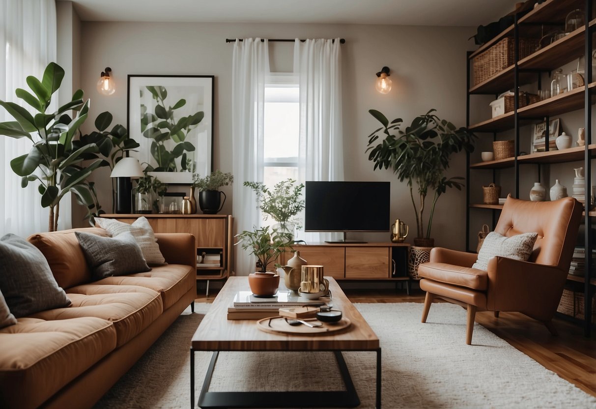 A cozy living room with modern furniture, a comfortable sofa, and a stylish coffee table surrounded by shelves filled with decorative items