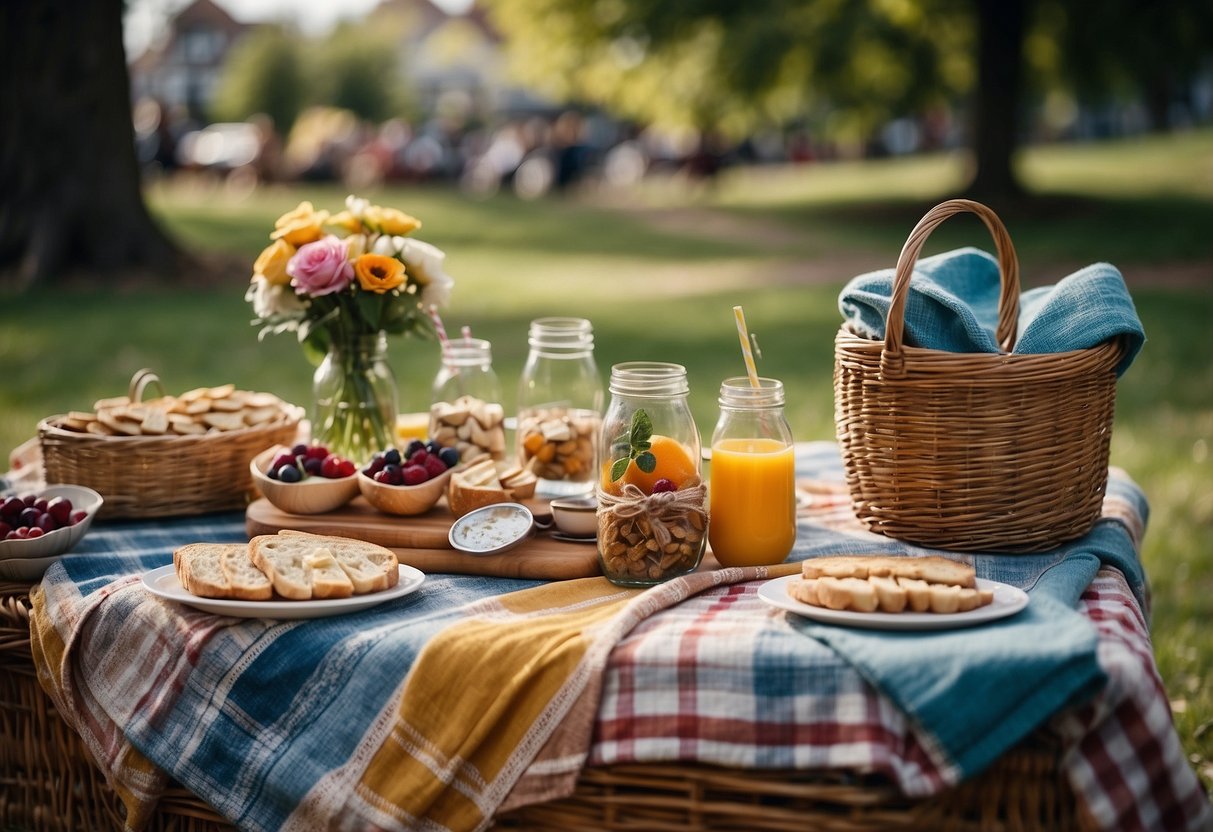 A picnic scene with colorful blankets, bunting, and baskets. A variety of DIY decorations such as floral centerpieces and mason jar lanterns