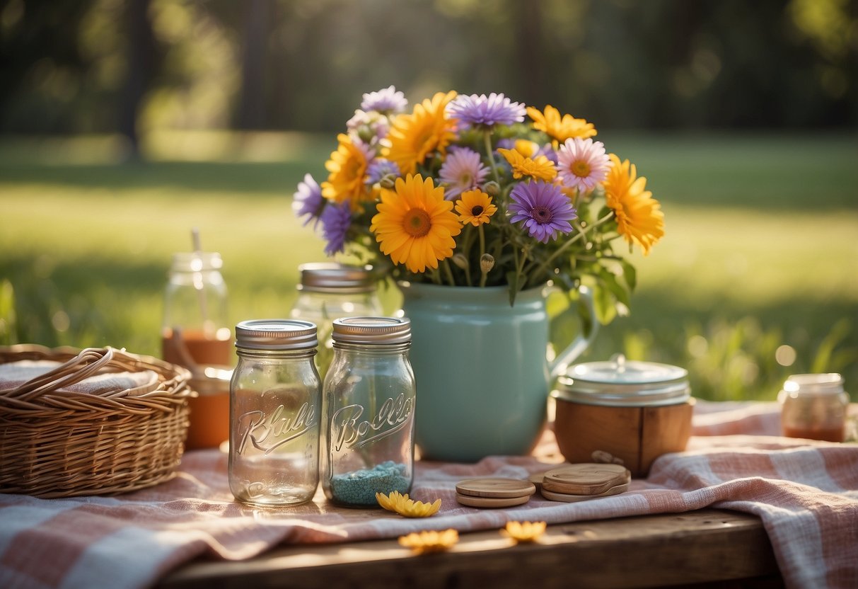 A crafting table with colorful flowers, mason jars, and rustic wood accents. A picnic blanket, basket, and playful decorations scattered around