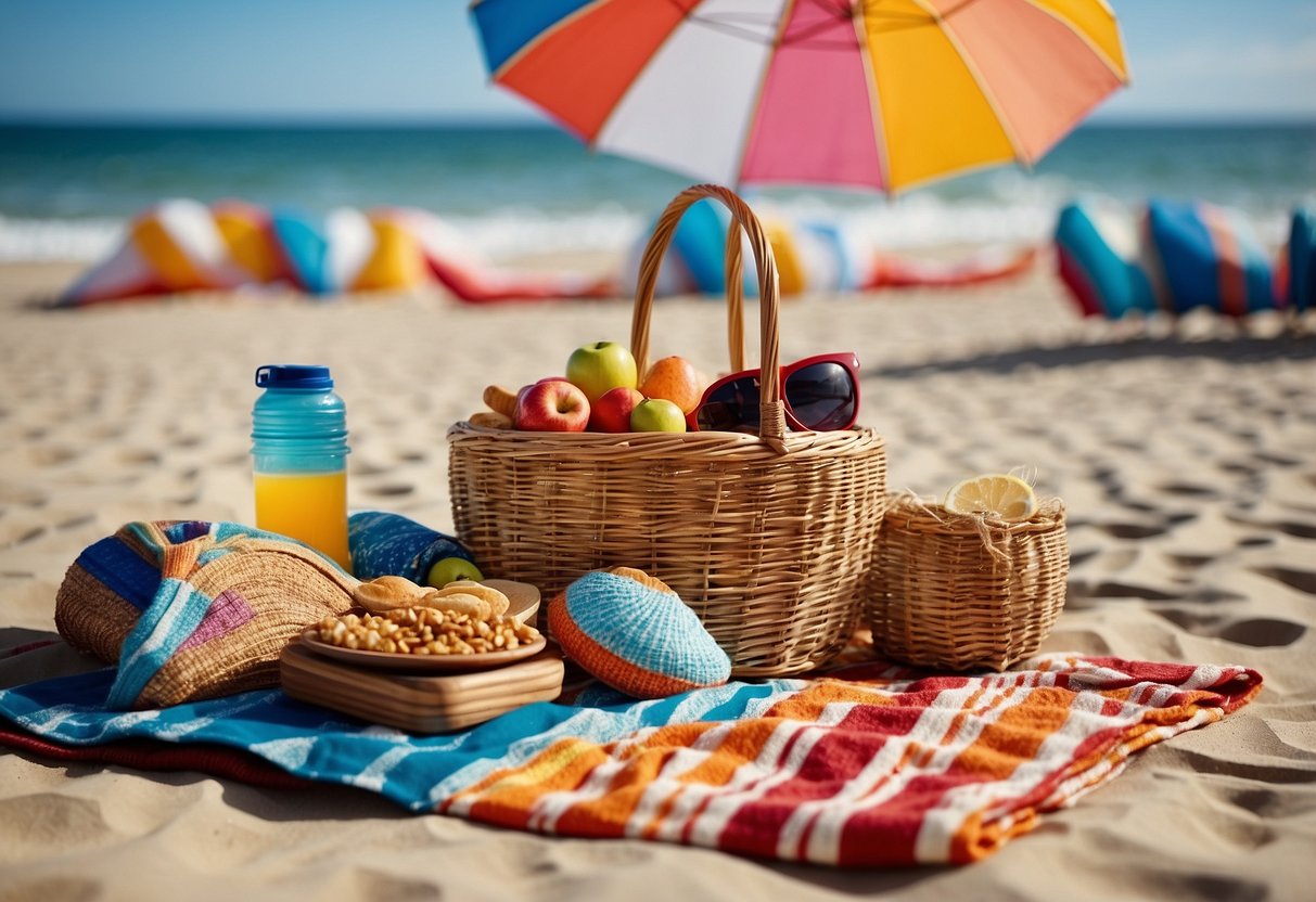 A sandy beach with a colorful picnic blanket, a wicker basket filled with food, a cooler, sunscreen, beach umbrella, beach chairs, and a beach ball