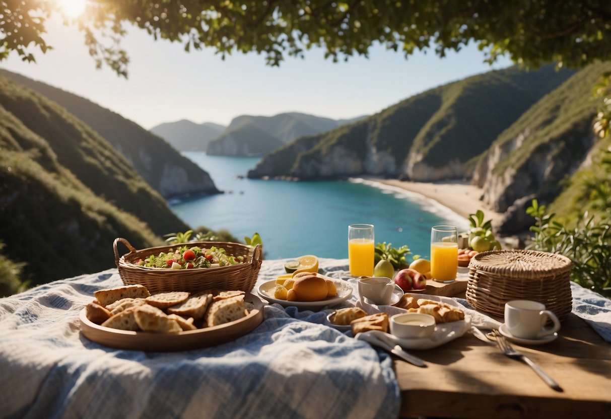 A sandy beach cove with calm waves, surrounded by tall cliffs and lush greenery. A picnic blanket laid out with a basket of food and drinks, a parasol for shade, and seagulls flying overhead