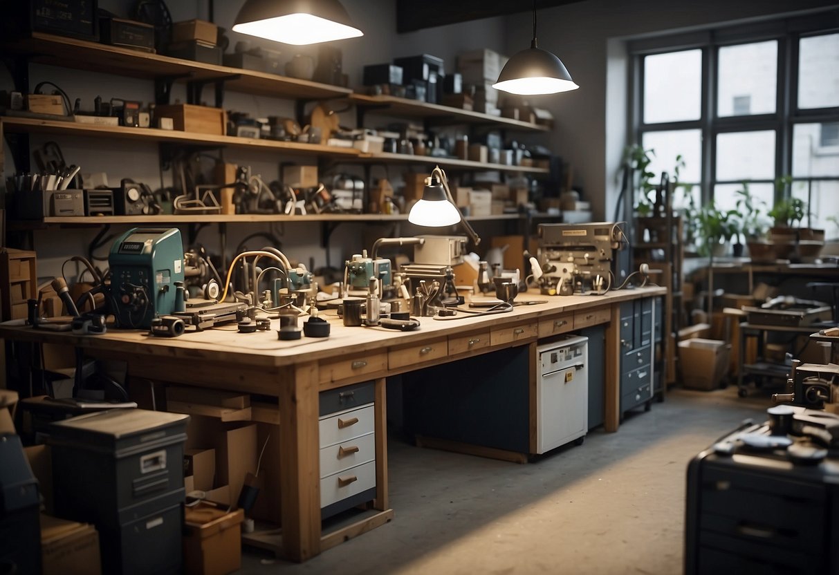 A cluttered workshop with various furniture and equipment arranged in CAD blocks