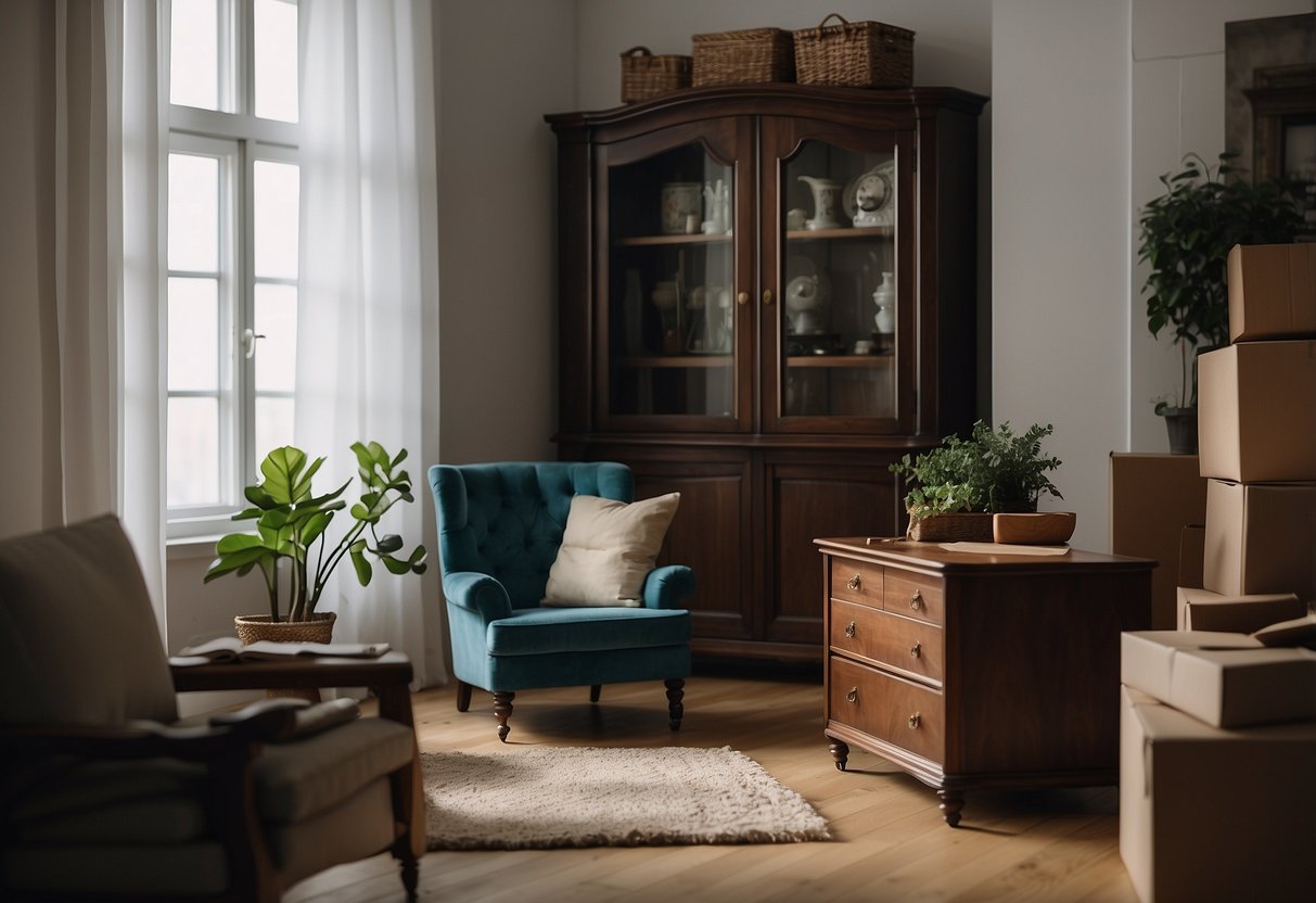An empty room with old furniture being removed by movers