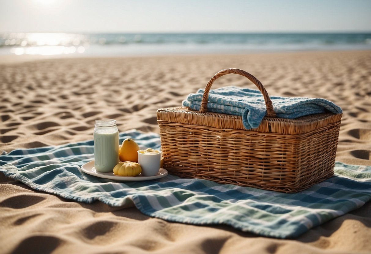 A blanket laid out on the sandy beach, with a picnic basket and cooler nearby. The sun is shining, and the waves are gently rolling onto the shore