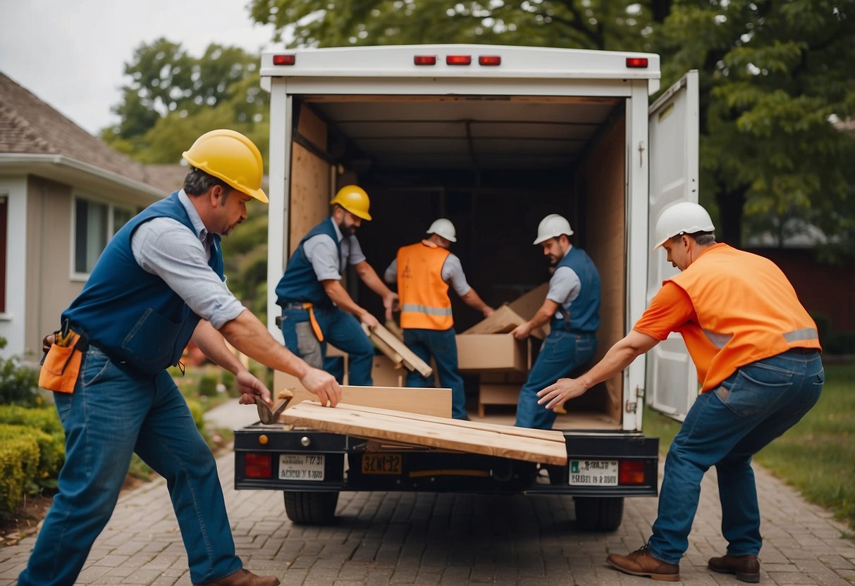 A team of workers removes old furniture from a home. They carefully disassemble and load the pieces onto a truck for recycling