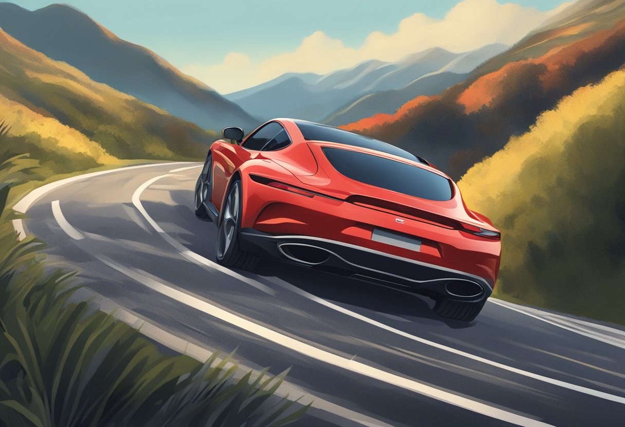 A red sports car with the license plate "kennzeichen di" speeding down a winding mountain road