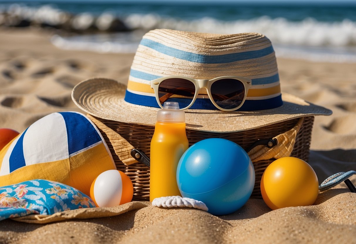 A beach picnic scene with a sun umbrella, sunscreen, hats, sunglasses, a cooler, beach towels, and a beach ball scattered on the sand