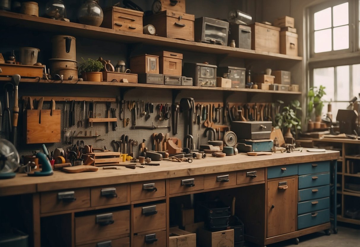 A cluttered workshop with various furniture pieces - workbenches, tool cabinets, shelving units, and storage racks