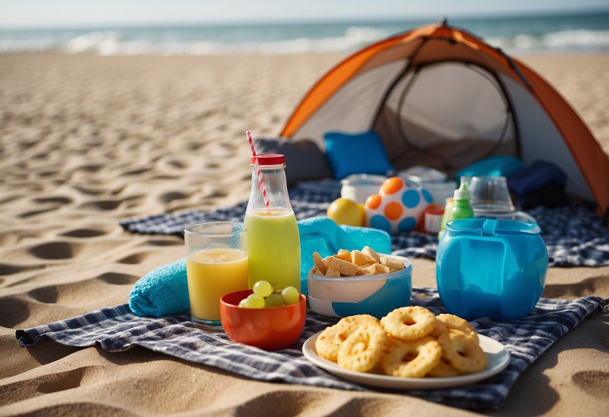 A beach picnic scene with a blanket, cooler, umbrella, sunscreen, beach toys, snacks, and drinks spread out on the sand