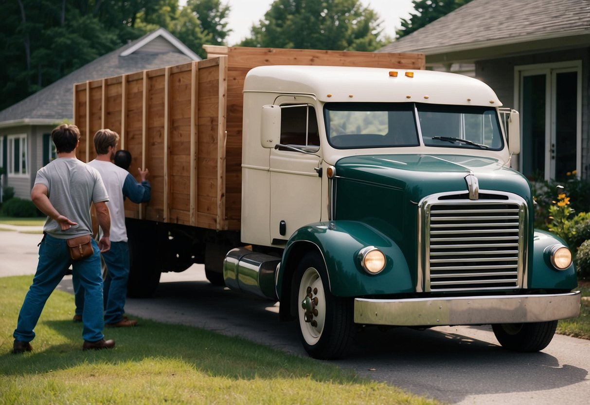 A truck hauling away old furniture from a home, with workers loading items onto the vehicle while a customer looks on