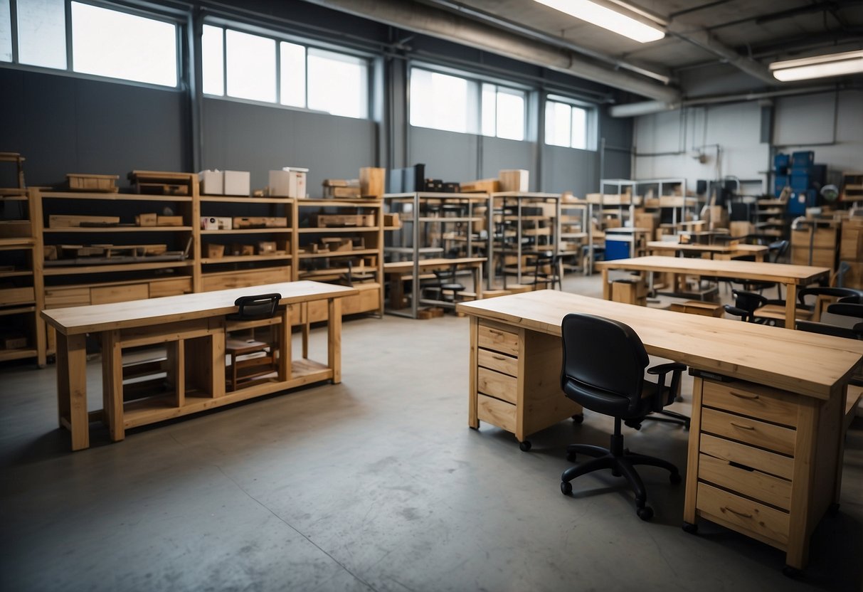 Workshop furniture arranged for practical use. Tables, chairs, and storage units in CAD blocks