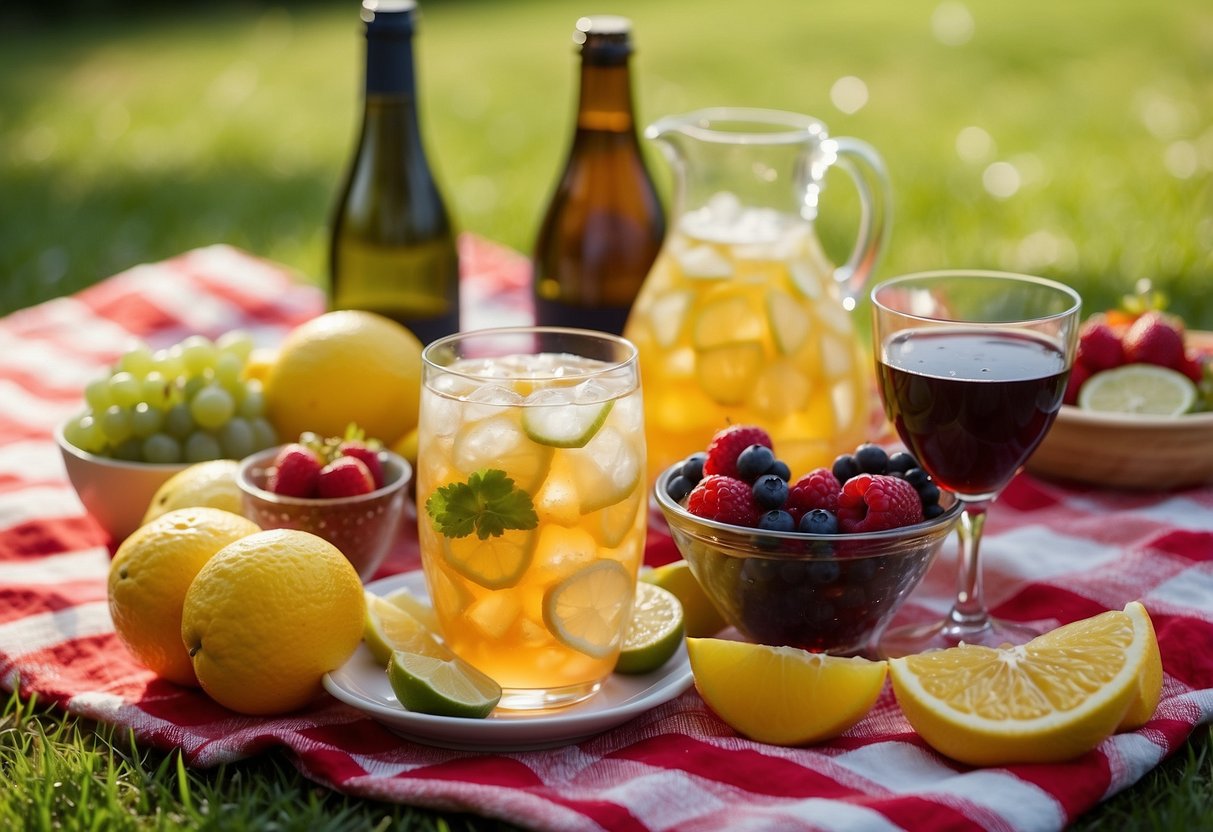 A picnic blanket with a spread of five different drinks: lemonade, iced tea, sparkling water, soda, and wine. Surrounding the drinks are fresh fruits, cheese, and crackers