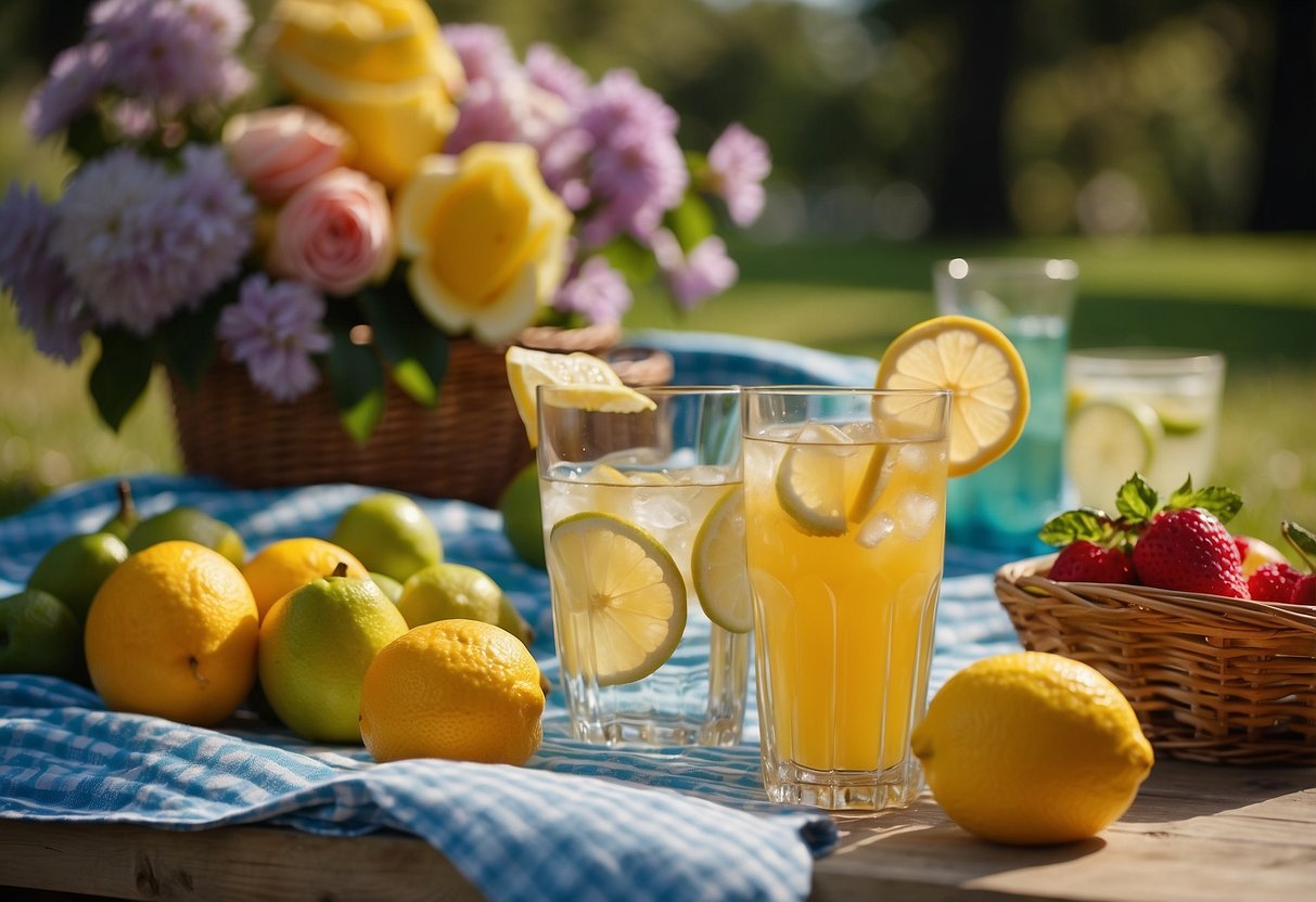 A picnic blanket with a basket of lemonade, surrounded by fresh fruits and a variety of colorful drink glasses