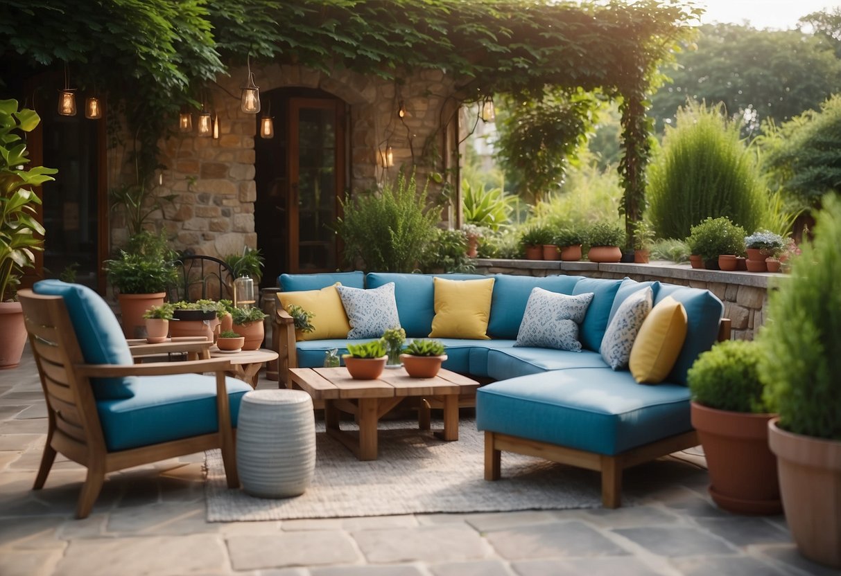 A cozy outdoor setting with Les Jardins furniture arranged on a stone patio, surrounded by lush greenery and colorful potted plants