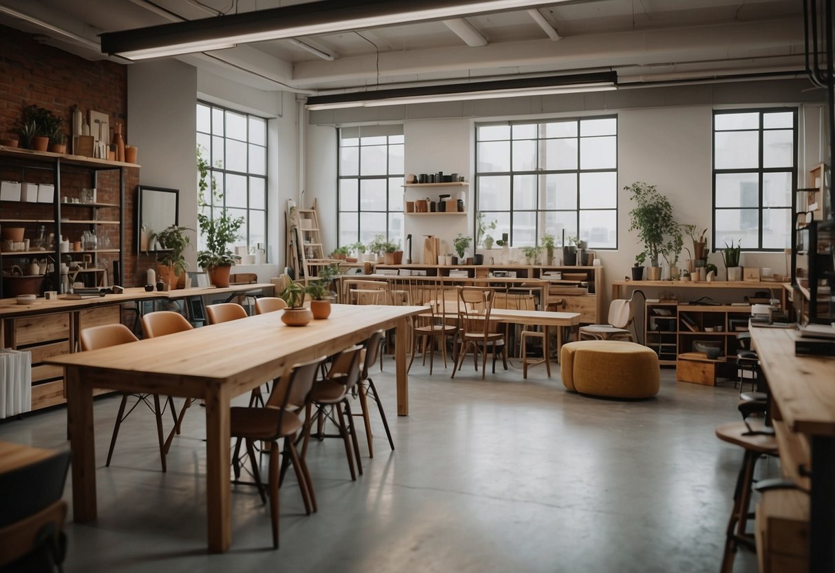 A workshop with various furniture pieces arranged for a FAQ session. Tables, chairs, and presentation boards fill the space