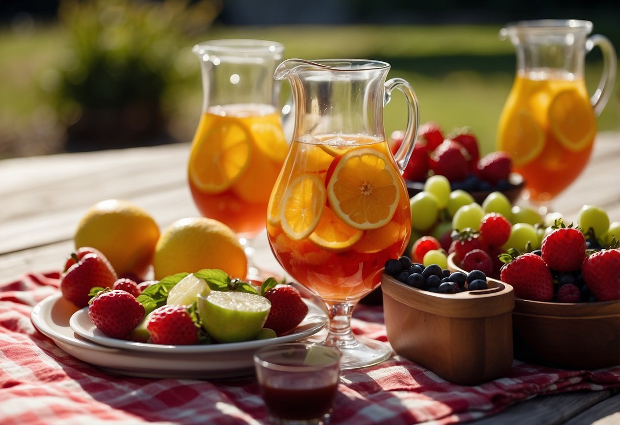 A picnic blanket laid out with a spread of colorful sangria pitchers, surrounded by fresh fruit and glasses. A sunny, outdoor setting with a relaxed and inviting atmosphere