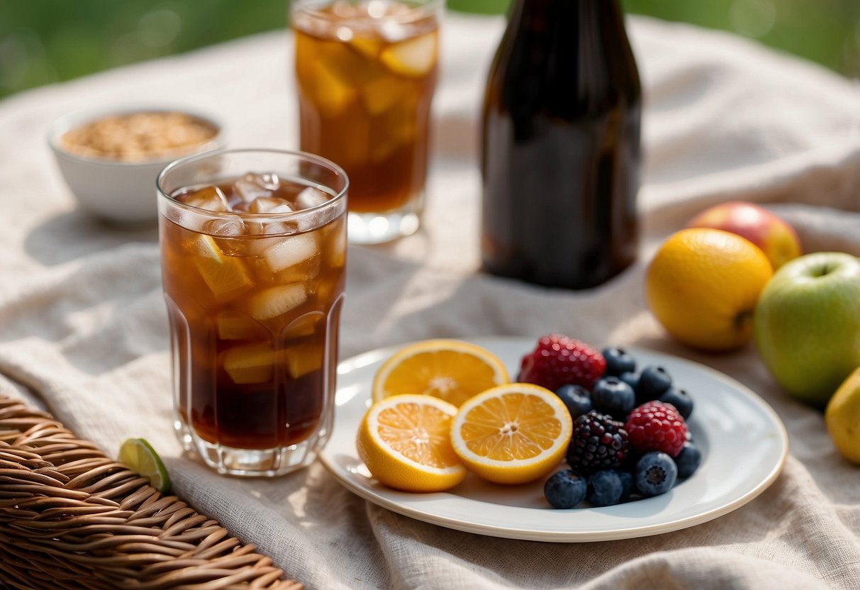 A picnic blanket with a spread of iced cold brew coffee, surrounded by refreshing fruit-infused drinks and a basket of snacks