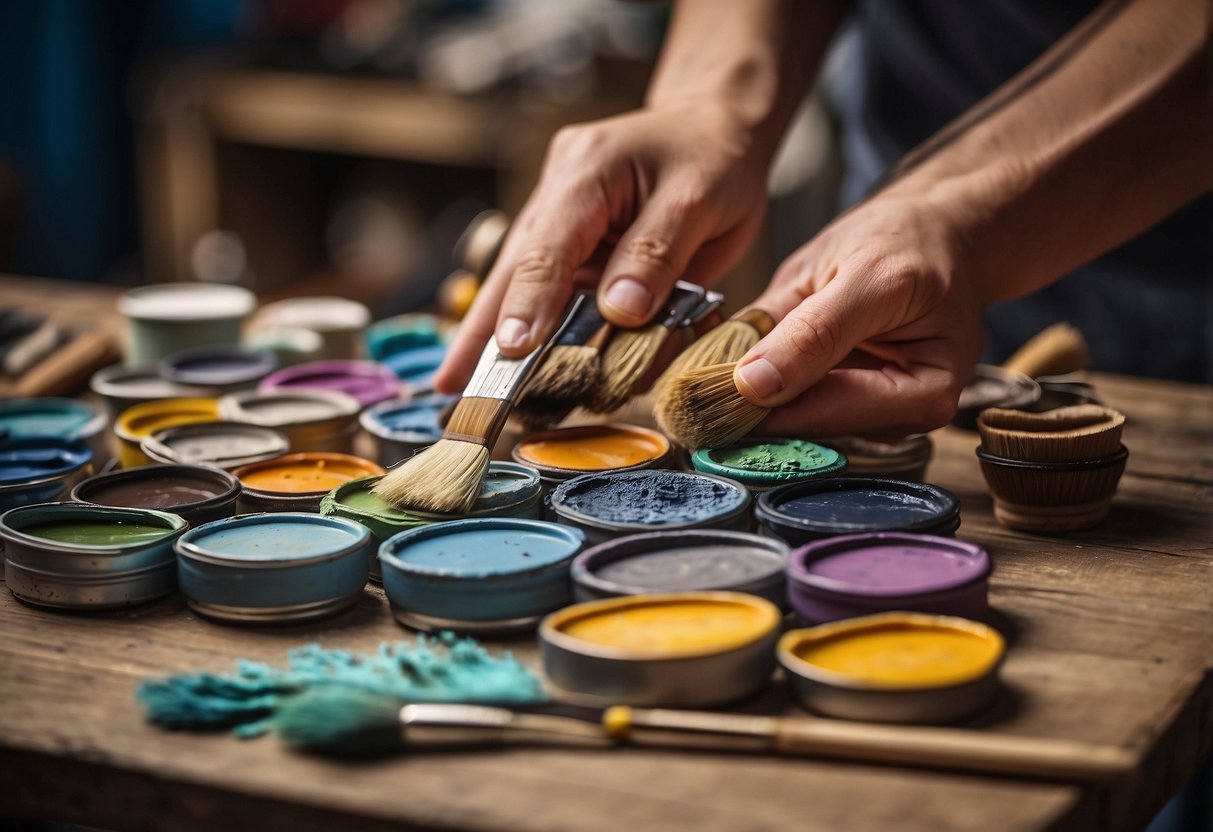 A hand reaches for various paintbrushes on a table, selecting the perfect one for chalk painting furniture. The brushes are neatly arranged, showcasing their different shapes and sizes