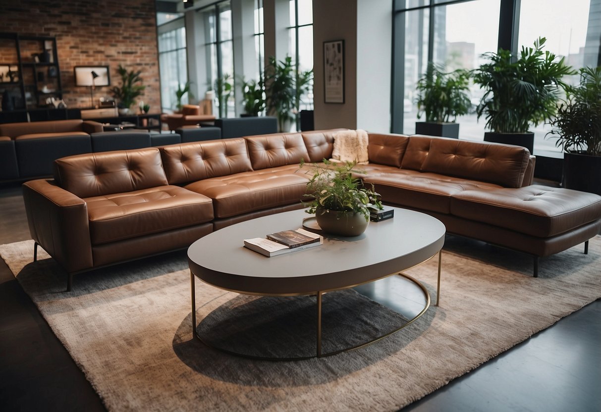 A spacious showroom displays various leather furniture pieces in a modern setting with ample natural light and minimalist decor