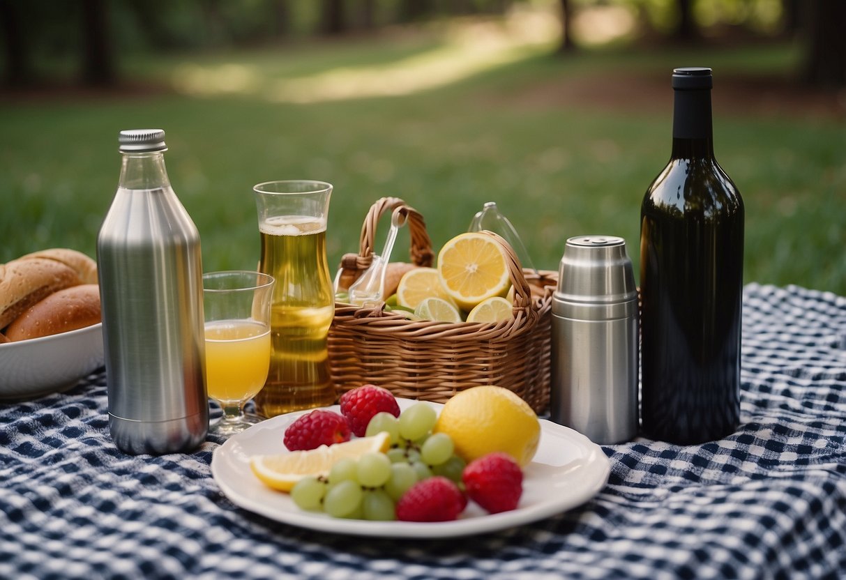 A picnic scene with a variety of drink options displayed on a checkered blanket, including a bottle of wine, a pitcher of lemonade, a selection of canned beverages, and a thermos of coffee