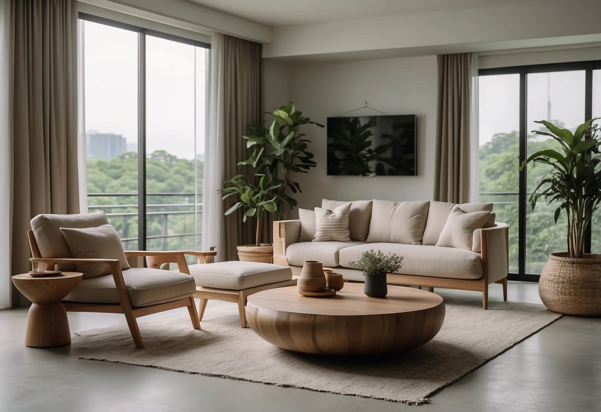 A cozy living room with modern, minimalist furniture from Homestead Singapore. Clean lines, neutral colors, and natural materials create a serene and inviting space