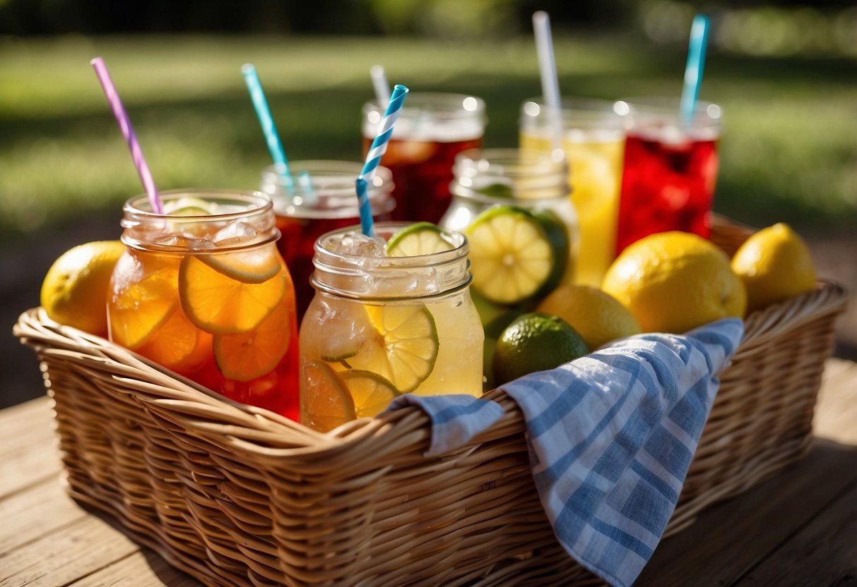 Colorful array of drinks packed in a sturdy picnic basket: lemonade, iced tea, sparkling water, fruit punch, and cold brew coffee