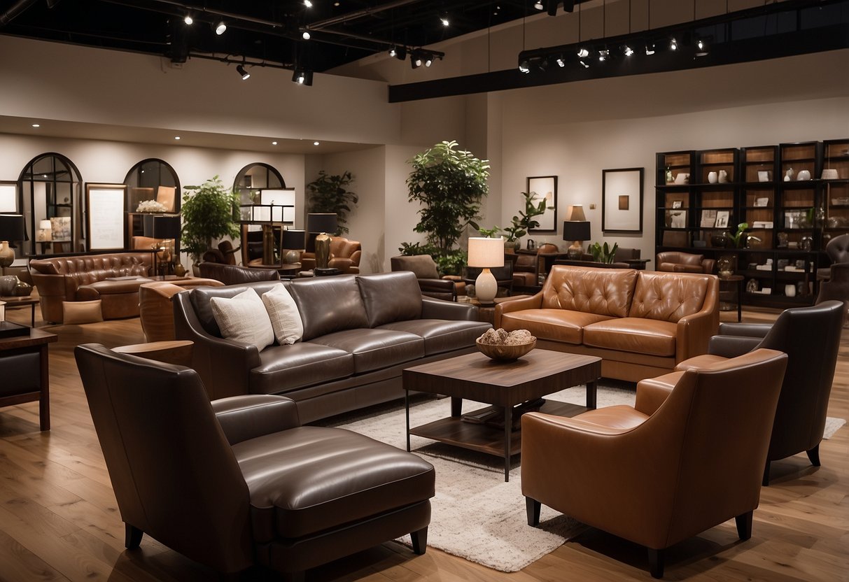 A showroom with various leather furniture pieces displayed, including sofas, chairs, and ottomans. The space is well-lit, with neutral-colored walls and hardwood floors, creating a warm and inviting atmosphere