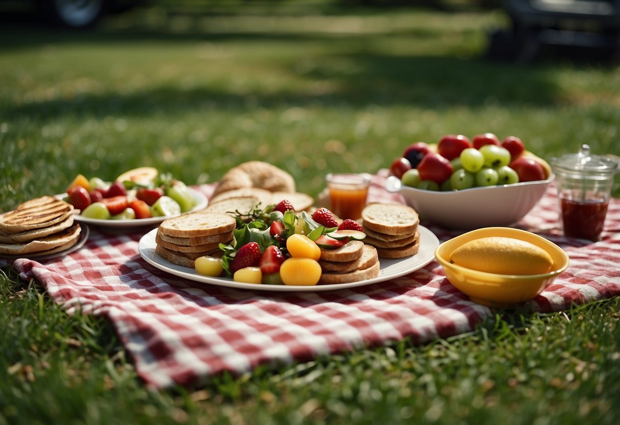 A colorful picnic spread with fresh fruits, salads, sandwiches, and wraps laid out on a checkered blanket in a sunny, grassy park setting