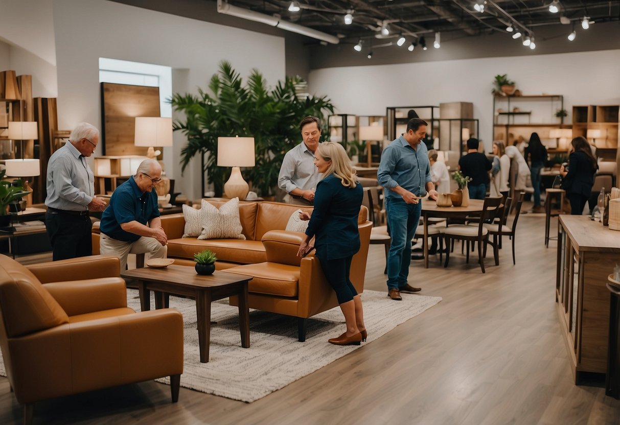 Customers browse through a variety of furniture pieces in Homestead Furniture's showroom, admiring the elegant designs and high-quality craftsmanship