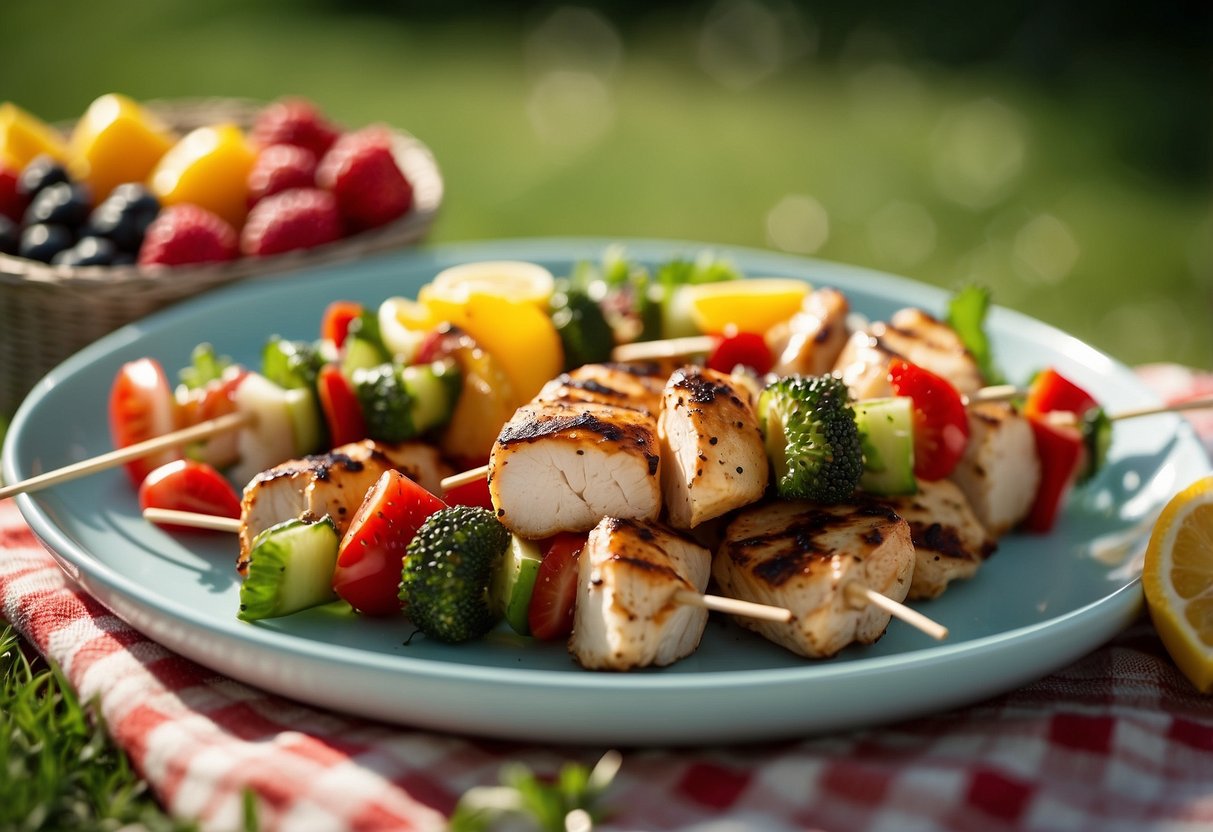 Grilled chicken and veggie skewers arranged on a picnic blanket with a basket of fresh fruit and a bottle of water. Sunny sky and green grass in the background