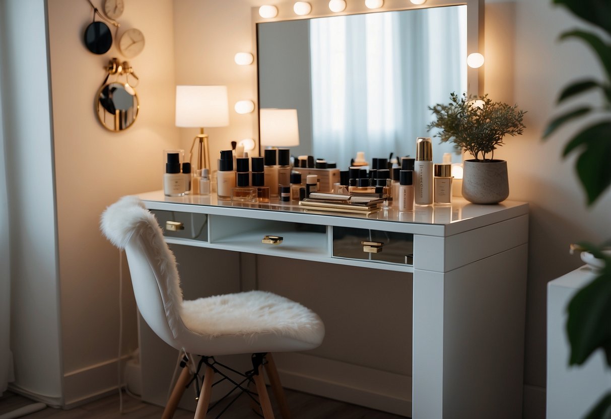 A well-lit room with a modern IKEA dressing table, surrounded by neatly arranged beauty products and a mirror