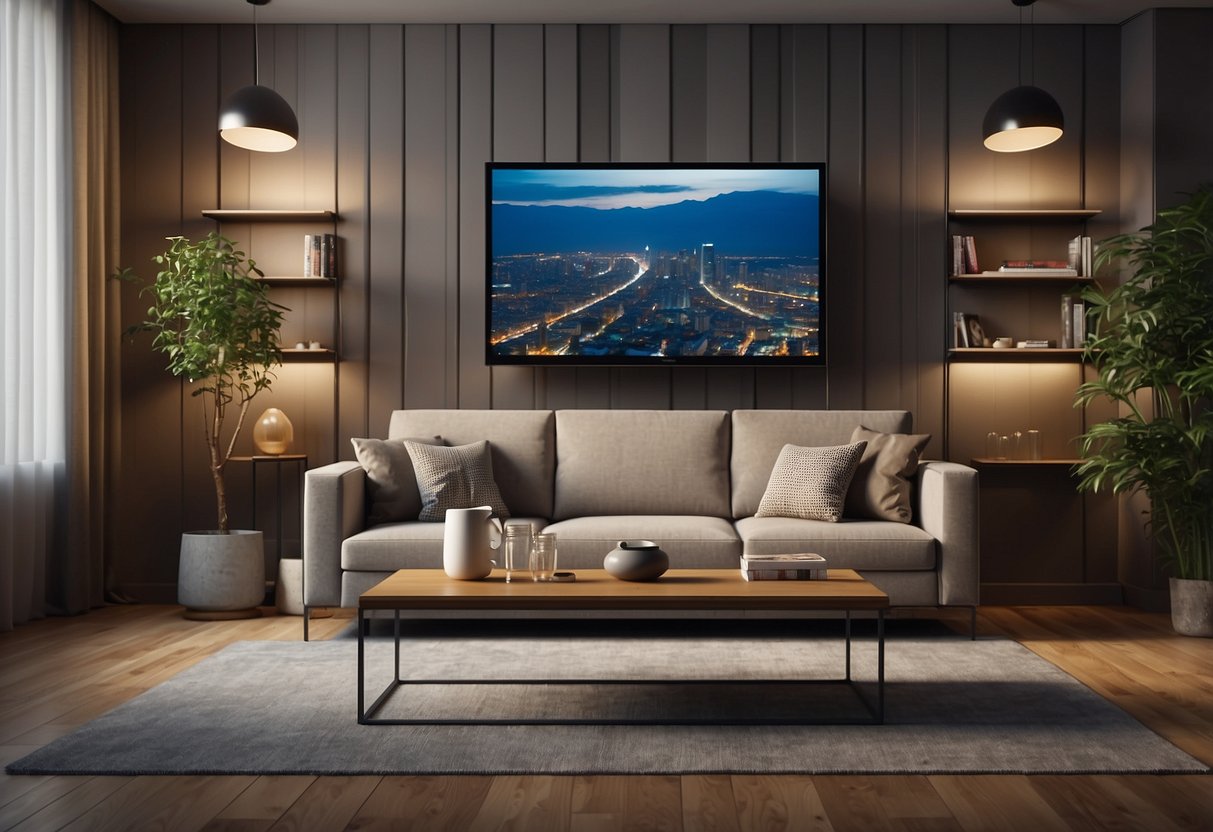 The sofa sits against the longer wall, facing the TV. Two armchairs flank a coffee table in the center, creating a conversational area. A bookshelf stands against the shorter wall