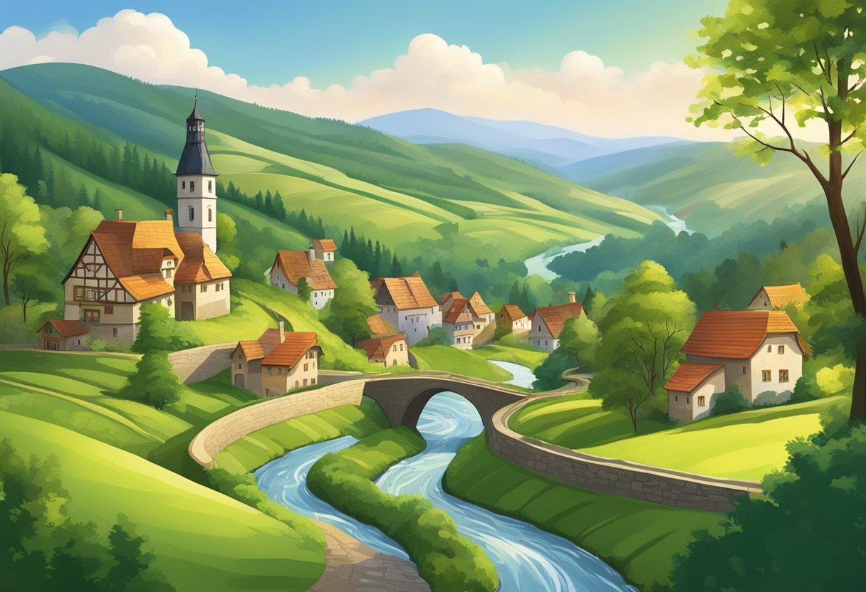 Rolling hills, lush green forests, and a winding river cutting through the landscape. A quaint village with traditional German architecture sits nestled in the valley