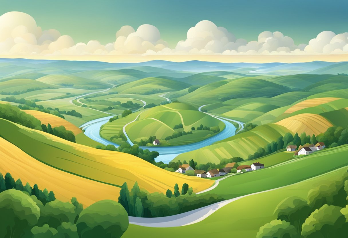 A rural landscape with rolling hills, winding rivers, and scattered villages in Landkreis BK