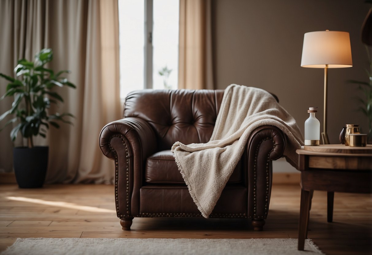A leather sofa and armchair sit in a well-lit living room, with a soft blanket draped over the armrest. A small table holds a bottle of leather conditioner and a cloth for maintenance