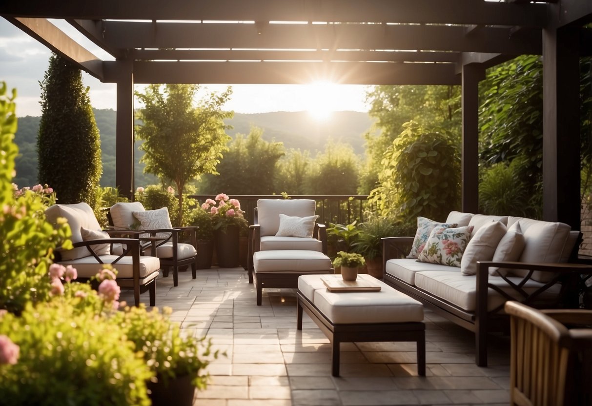 A cozy outdoor patio with Les Jardins furniture, surrounded by lush greenery and blooming flowers, with a warm sun setting in the background