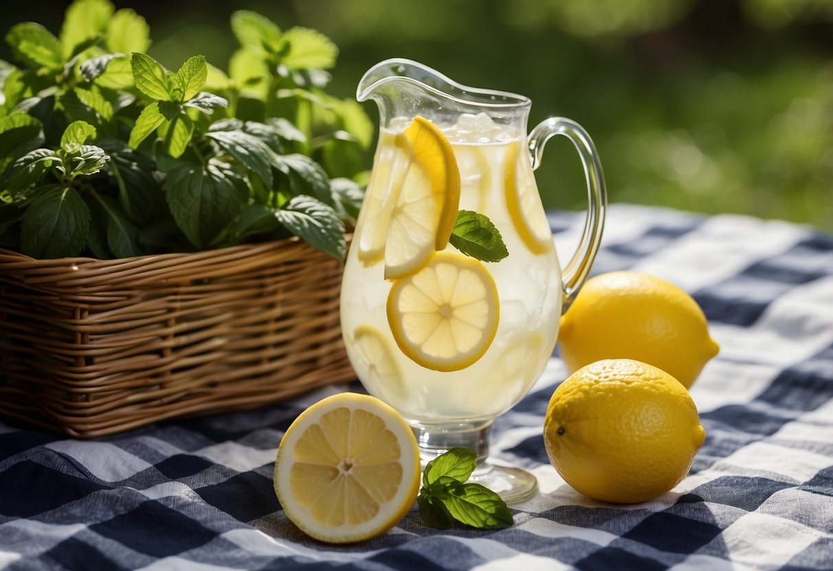 A pitcher of lemonade sits on a checkered picnic blanket, garnished with fresh mint leaves. A basket of healthy picnic recipes is nearby